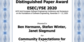 ACM SIGSOFT Distinguished Paper Award for "Community Expectations for Research Artifacts and Evaluation Processes"