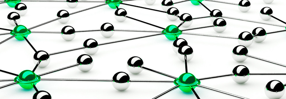 Silver and light green balls on a white background are connected with silver threads